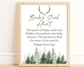 Forest Baby Shower Baby Sock Hunt Game Sign Antlers Baby Shower Decor Rustic Baby Shower Forest Printable Sign Instant Download FARB
