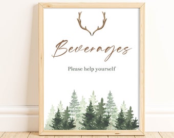 Forest Antlers Beverages Sign Rustic Baby Shower Wedding Shower Decorations Rustic Baby Shower Antler Drinks Sign Printable Instant FARB