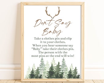 Forest Baby Shower Don't Say Baby Game Sign Antlers Baby Shower Clothes Pin Game Rustic Baby Shower Forest Printable Instant Download FARB