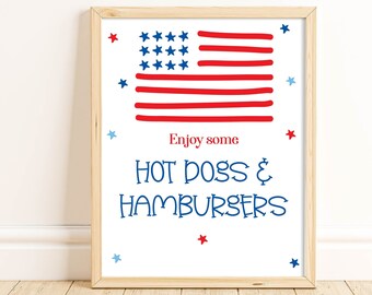 Hot Dogs and Hamburgers Sign, 4th of July Party, July 4th Decorations, Printable Sign, Food Sign, Red White and Blue, Instant, JUFO