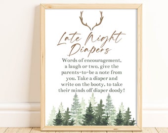 Forest Baby Shower Late Night Diapers Game Sign Antlers Baby Shower Ideas Rustic Baby Shower Forest Diaper Note Game Printable Instant FARB