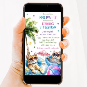 Electronic Cat Pool Paw-ty Birthday Invitation Template, Tropical Girls Birthday Evite, Kitten Pool Party Invite, Text Or Email, Corjl