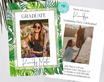 Tropical Graduation Photo Announcement Invitation Template, Palm Leaf Class of 2024 Grad Party Invite, Digital Download, Corjl, Printable