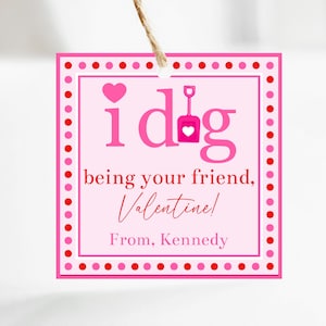 May include: Pink Valentine's Day gift tag with a red heart and a pink shovel with a heart on it. The tag says "i d[heart]g being your friend, Valentine! From, Kennedy."