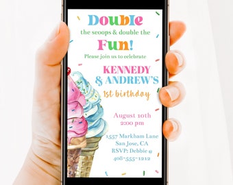 Invitation numérique modifiable de fête d'anniversaire de crème glacée Anniversaire de crème glacée Éviter le texte ou l'email Doubler les boules Anniversaire de jumeaux Corjl DSTB