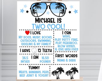 Editable Two Cool Milestone Sign, 2nd Birthday Party, Printable Two Year Old Party Decor, Boys Birthday Party Sunglasses Decorations, BLOC