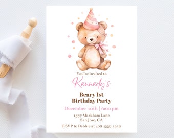 Editable Girls Teddy Bear First Birthday Party Invitation Template, Pink and Brown 1st Birthday Invite, Beary 1st Birthday, Corjl, TBGR