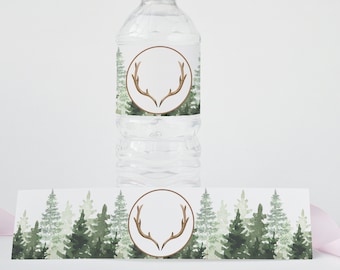 Forest Water Bottle Wrappers Printable Antlers Water Wraps Instant Download Forest Baby Shower Rustic Table Decorations Wedding Shower FARB