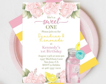 Floral Pink Lemonade 1st Birthday Invitation Template ONE Sweet First Birthday Invite Sunshine and Lemonade Invite Pink Lemonade Corjl PLBP