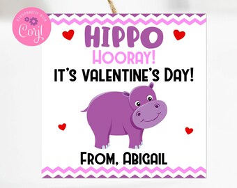 Editable Hippo Valentine, Hippopotamus, Printable Valentines, Kids Valentines, Corjl, Instant Download, School Valentines, Class Valentines