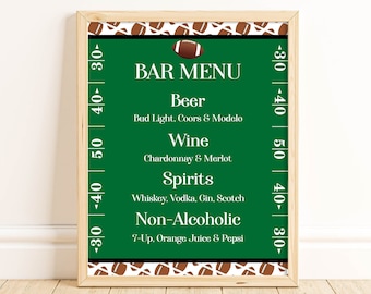 Bearbeitbare Fußball Bar Menü Schild Vorlage, Fußballspiel, druckbare Fußball Partydekorationen, Getränkekarte, Tailgate Party, Corjl, FTGR