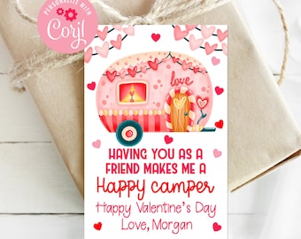 Editable Happy Camper Valentine's Day, Camping Valentines, Printable Valentines, Corjl, Kids Valentines, Class Valentine, School Valentines
