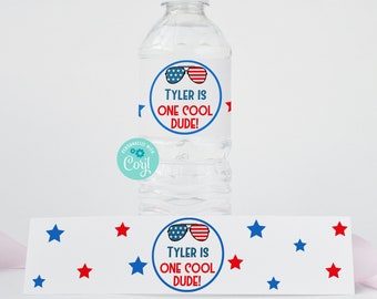 4th of July One Cool Dude Water Bottle Wrapper Template 1st Birthday Party Decorations Boys First Birthday Editable Corjl Printable ONEF