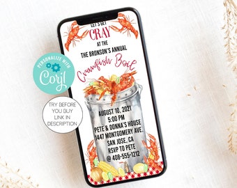 Crawfish Evite Invitation Template, Text or Email, Crawfish Party Evite, Summer Crawfish Birthday Party, Electronic Crawfish E-vite, Corjl