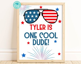 Editable One Cool Dude Sign 1st Birthday First Birthday Party Printable Sign Corjl Instant Download Sunglasses 4th of July Boy Birthday ONEF