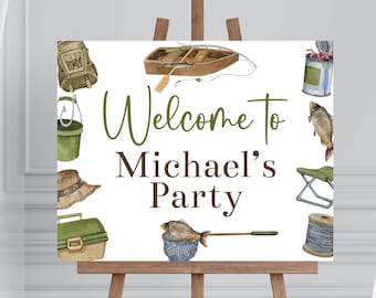 May include: Welcome to Michael's Party sign with a white background and green and brown illustrations of fishing gear, including a boat, a fishing net, a tackle box, a bucket, a fishing rod, a hat, and a fish.
