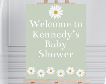 Oh Baby Green Daisy Baby Shower Welcome Sign Template, Daisy Baby Shower Decor, Printable Daisy Birthday Party Sign, Editable, Corjl, GRDA