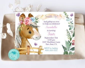 Editable Horse Birthday Invitation, Pony Party, Horse Party, Corjl, Pony Birthday Invite, Printable Invite, Girls Birthday Party, SUBP