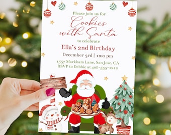 May include: A Christmas-themed invitation with the text "Cookies with Santa" to celebrate Ella's 2nd birthday. The invitation features illustrations of Santa Claus, a snowman, a Christmas tree, and festive ornaments. The invitation is held in front of a Christmas tree.