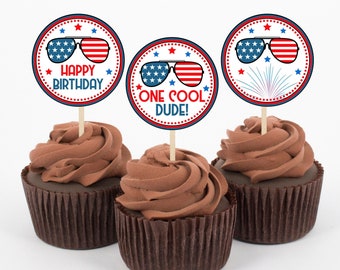 One Cool Dude Cupcake Toppers First Birthday 4th of July 1st Birthday Party Boy Birthday Party Sunglasses Printable Instant Download ONEF