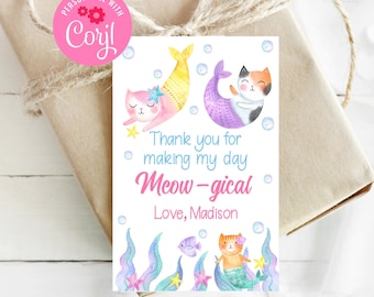 Editable MerCat Favor Tags, Purrmaid, Mermaid Cat Party, Cat Birthday Party, Under the Sea, Printable Tags, Instant Download, Corjl, MCBP