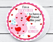 Lucky Duck Pink and Red Valentine Tags For Kids, Preschooler Valentines Gifts, Preschool Toddler Valentine Cards, Rubber Ducky With Hearts Il_170x135
