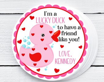 Lucky Duck Pink and Red Valentine Tags For Kids, Preschooler Valentines Gifts, Preschool Toddler Valentine Cards, Rubber Ducky With Hearts