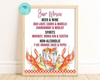 Printable Crawfish Bar Menu Sign, Drinks Sign, Crawfish Boil Decorations, Seafood Party, Crawfish Dinner Table Sign, Digital Download, CFBP