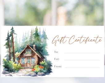 Printable Lake Cabin Gift Certificate Template, Mountain Vacation Cabin Rental Coupon Voucher, Christmas Anniversary or Birthday, Corjl ACG3