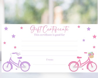 Editable Bike Gift Certificate Template, Printable Bicycle Coupon Voucher, Girls Christmas Gift, Girls Birthday Gift, Bike Coupon, Corjl