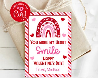Editable Boho Rainbow Valentine, You Make My Heart Smile, Valentines Kids, Corjl, Classroom Valentine, School Valentine, Printable Valentine