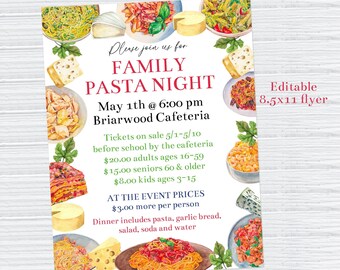 Editable Pasta Night Flyer Template Printable Pasta Dinner School Family Night Spaghetti Feed Office Church Dinner Teacher Luncheon, Corjl