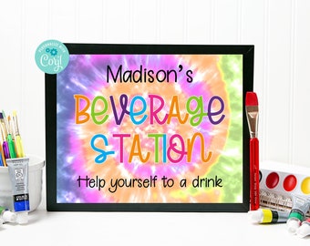 Editable Tie Dye Beverage Station, Drinks Sign, Beverage Sign, Tie Dye Party, Hippy Party, Tie Dye Birthday, Corjl, Printable Sign, TDBP