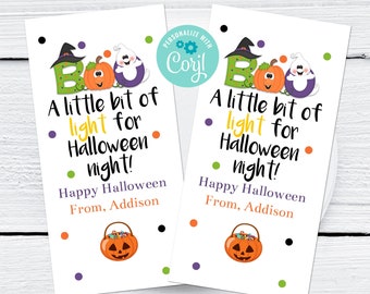 Printable Glow Stick Tag, A Little Bit of Light for Halloween Night, Halloween Tags, Corjl, Personalized Tag, Boo Gift Tags, Trick or Treat