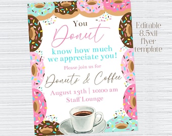 Editable Donuts and Coffee Appreciation Flyer Template, Staff Donuts Sign, Teacher Appreciation, School Flyer, Printable Sign, Corjl, DCSA