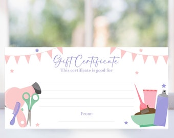 Editable Hair Salon Gift Certificate Voucher Template Beauty Salon Haircut or Hair Color Printable Christmas Birthday Mother's Day Corjl