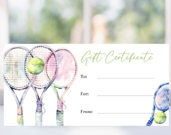 Printable Tennis Gift Certificate Template, Tennis Lessons Coupon Voucher, Tennis Racquet and Supplies Gift Voucher, Tennis Gifts, Corjl