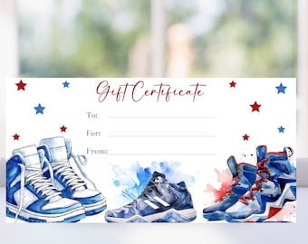 Editable Men's Shoe Gift Certificate Template Basketball Shoes Coupon Voucher Printable Christmas or Birthday Gift For Men Teenagers Corjl