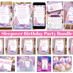 Sleepover Birthday Party Bundle Slumber Party Invitation Template Boho Slumber Party Decorations Pink Tent Glamping Girls Party Corjl BPPT