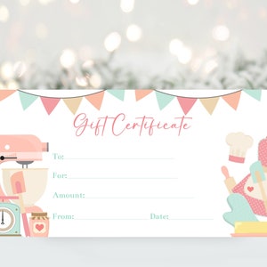 Modèle de bon de chèque-cadeau de pâtisserie, coupon de Noël de pâtisserie modifiable, bon d'anniversaire personnalisé, imprimable pour des cours de pâtisserie, Corjl