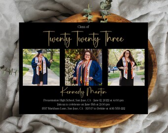 Fully Editable Class of Twenty Twenty Four Graduation Party Photo Announcement Template, Black and Gold Grad Party Invite, Printable, Corjl