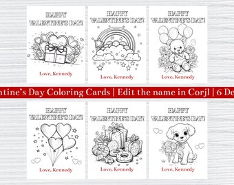 Printable School Valentine's Day Coloring or Watercolor Painting Cards 6 Designs Edit the Name with Corjl Kids Classroom Valentines Gifts