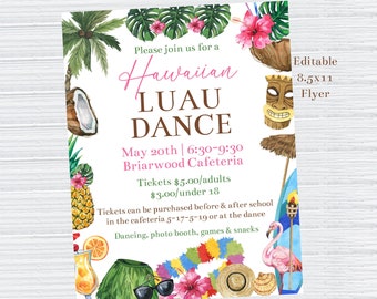 Editable Hawaiian Luau Dance Flyer Template, School Dance Flyer, Luau Party Flyer, Tropical Dance Flyer, Tropical Luau Dinner, Corjl, HLDA