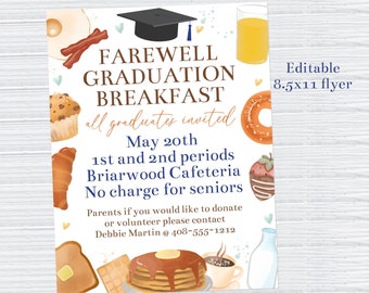 Editable Graduation Breakfast Flyer Template, Seniors Breakfast, Printable Farewell Breakfast, School Breakfast, Class of 2023, Corjl