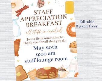 May include: A colorful invitation for a staff appreciation breakfast. The invitation features a variety of breakfast foods, including pancakes, donuts, croissants, and coffee. The text reads "Staff Appreciation Breakfast, all staff is invited, Just a little something to thank you for all that you do! May 20th, 9:00 am, staff lounge room".