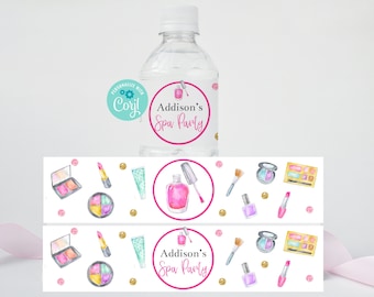 Editable Makeup Party Water Bottle Wrapper, Spa Party Decorations, Spa Birthday Party, Tween Party, Water Bottle Labels, Corjl, MASP