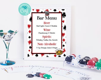May include: A framed bar menu with a playing card design. The menu lists beer, wine, spirits, and non-alcoholic drinks. There are playing cards and poker chips on a white surface.