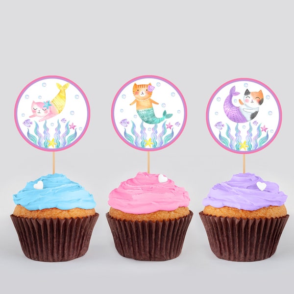 MerCat Birthday Party Cupcake Toppers Mermaid Cat Party Purrmaid Mermaid Party Decorations Instant Download Printable Girls Birthday MCBP