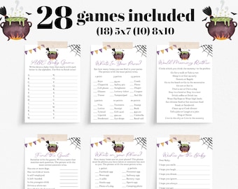 May include: A set of Halloween-themed baby shower games, including "ABC Baby Game" and "Would Mommy Rather." The design features a cauldron, spiderwebs, and purple and orange accents. The games are available as an instant download.
