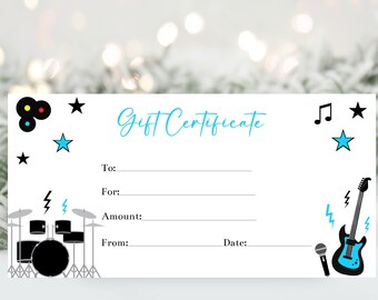 Modèle de chèque-cadeau de musique Cours de musique Cours de guitare Certificat-cadeau de Noël imprimable Coupon de Noël modifiable Corjl